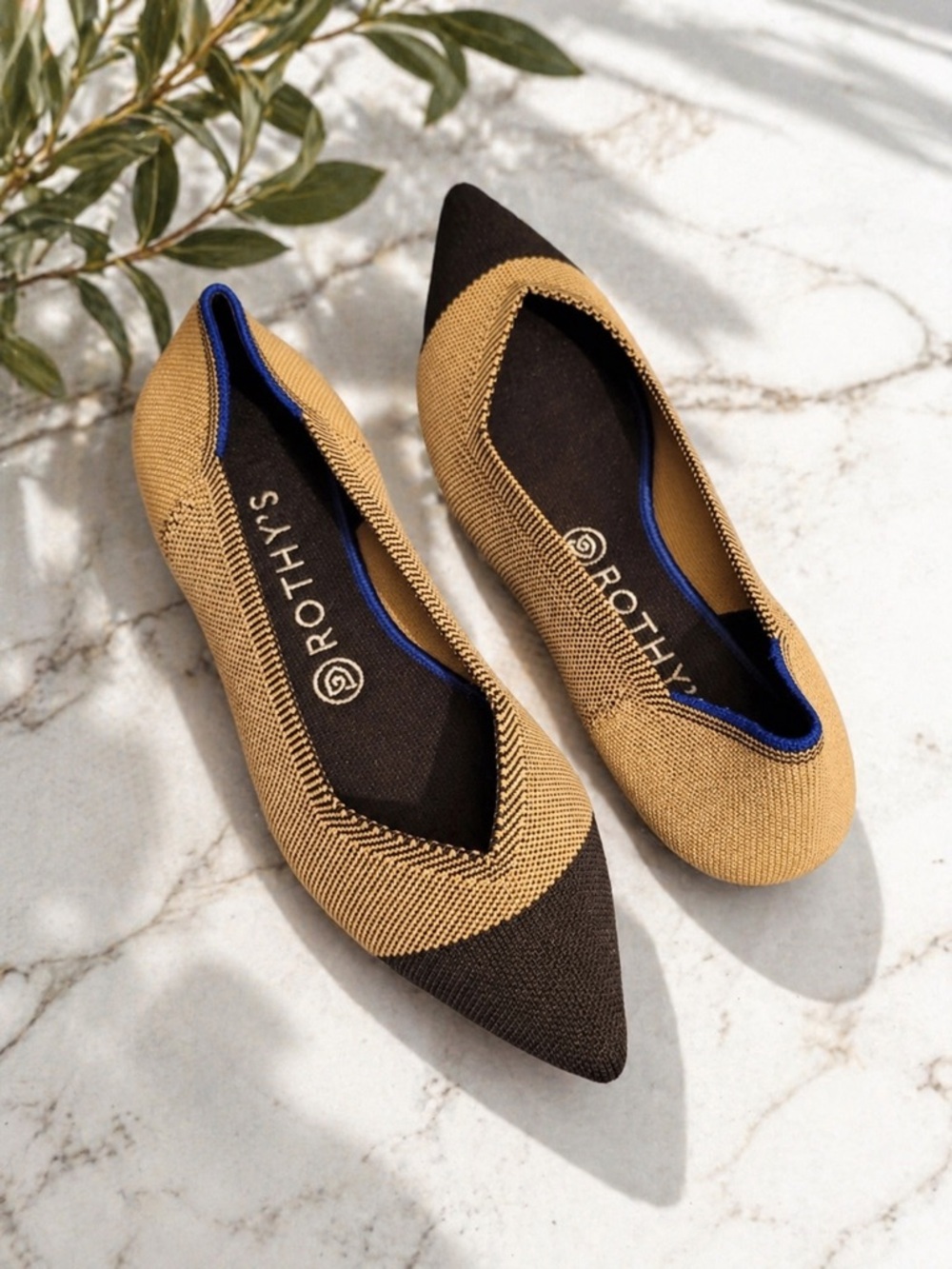 Rothy’s The Point Flats Women’s 9.5 Camel Black Blue Colorblock Knit Shoes EUC